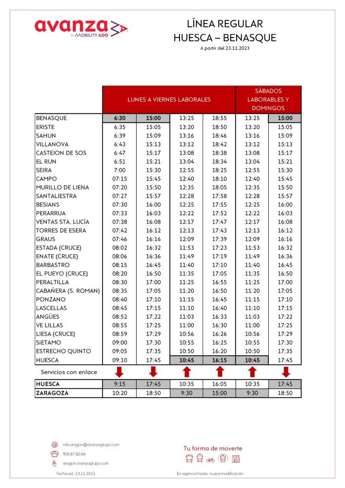 Imagen Horarios del servicio de línea regular Benasque – Huesca a partir del 23.11.2023 apertura del congosto en la N-260